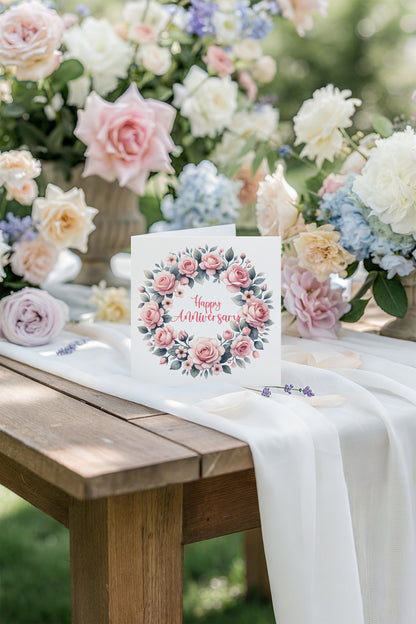 Elegant Floral Happy Anniversary Card - Romantic Pink Rose Wreath Design for Wedding, Dating, Relationship Milestones –1st, 2nd, 3rd, 5th, 10th, 20th - For Him, Her, Wife, Husband, Couples