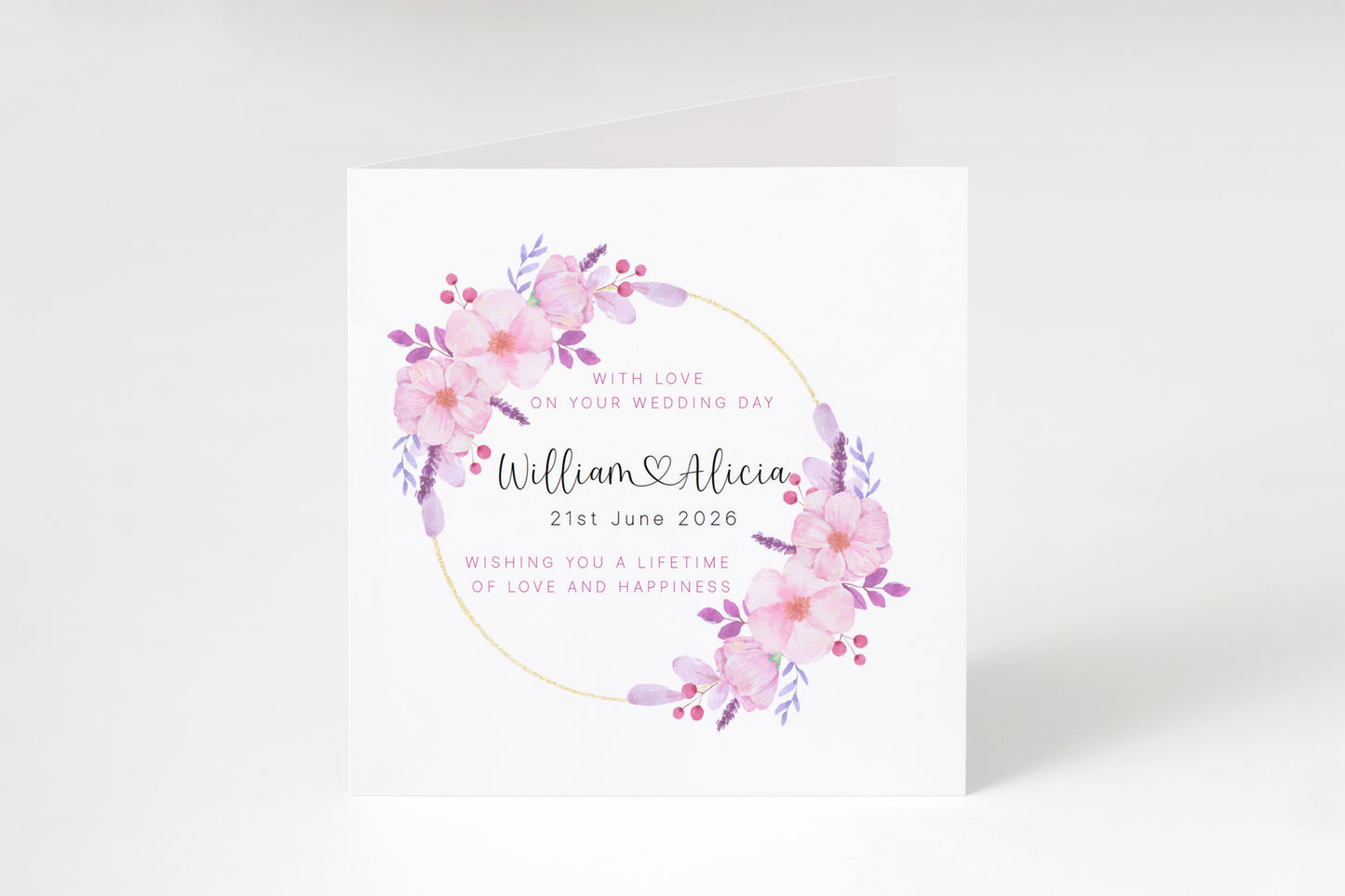 Personalised Floral Wedding Card with Custom Couple's Names & Wedding Date –  Romantic Flower Wreath Design - Wedding Congratulations Card for Newlywed couple, Him or Her - Purple Envelope Included