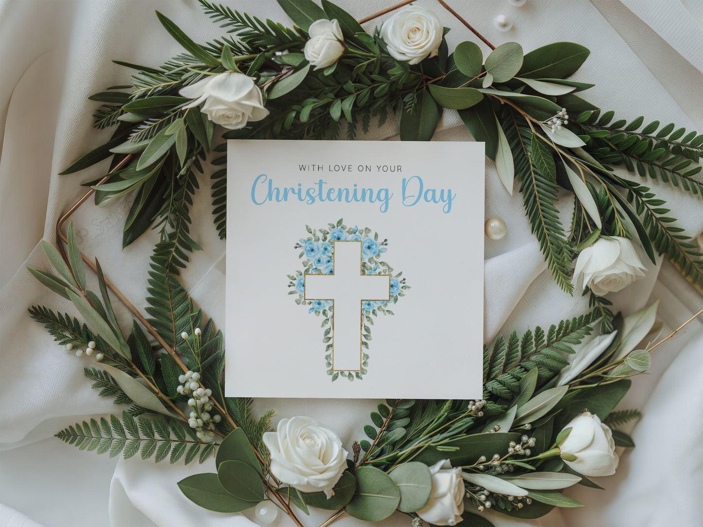 Baptism/ Christening Card for Boy – With Love On Your Christening Day - Roses & Cross Design – Religious Baptism Card for Boys, Son, Grandson, Nephew - Blue Envelope Included