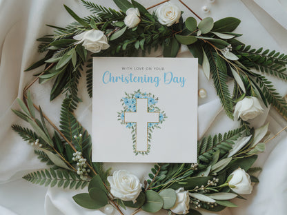 Baptism/ Christening Card for Boy – With Love On Your Christening Day - Roses & Cross Design – Religious Baptism Card for Boys, Son, Grandson, Nephew - Blue Envelope Included