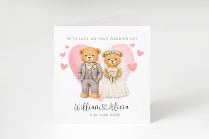 Personalised Wedding Card for Bride & Groom with Custom Names & Date -  Cute Teddy Bear Design Wedding Greeting Keepsake Card for Him or Her - Pink Envelope Included