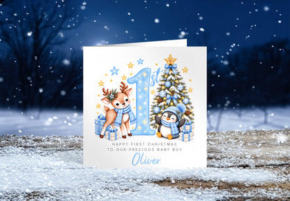 Personalised Baby Boy's 1st Christmas Card – Reindeer & Penguin