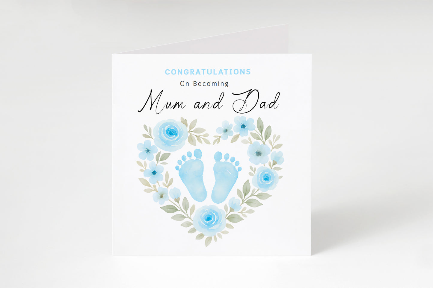Personalised New Baby Boy Card – Congratulations On Becoming Mum & Dad, Auntie & Uncle, Grandpa & Grandma – Blue Baby Feet design - Blue Envelope Included