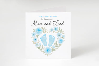 Personalised New Baby Boy Card – Congratulations On Becoming Mum & Dad, Auntie & Uncle, Grandpa & Grandma – Blue Baby Feet design - Blue Envelope Included
