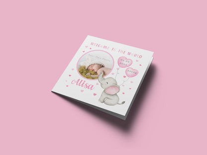 Personalised Phoro New Baby Girl Card Congratulations for Newborn Daughter, Granddaughter, Niece - Welcome To The World Card - Custom Photo Frame with Name, Birth Date & Weight with Pink Envelope