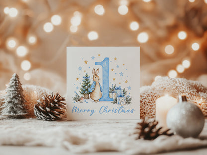Merry Christmas Card for Baby Boys – Cute Blue Rabbit and Number 1