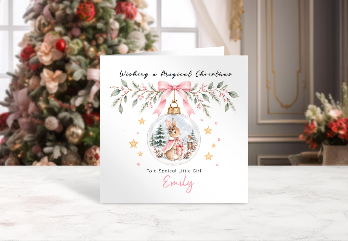Personalised Christmas Card for Girls – Bunny in a Christmas Bauble