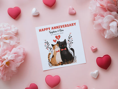 Personalised Cute Cats Anniversary Card - Custom Couple Names, Date and Years of Anniversary for Wedding, Dating, Relationship Milestones –1st, 2nd,10th, 20th - For Cat Lovers, Him, Her, Wife, Husband