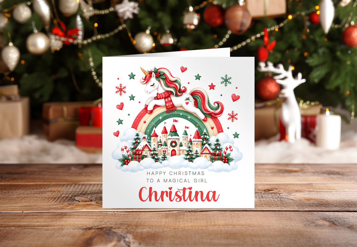 Personalised Christmas Card for Girls – Beautiful Magical Unicorn and Xmas Castle