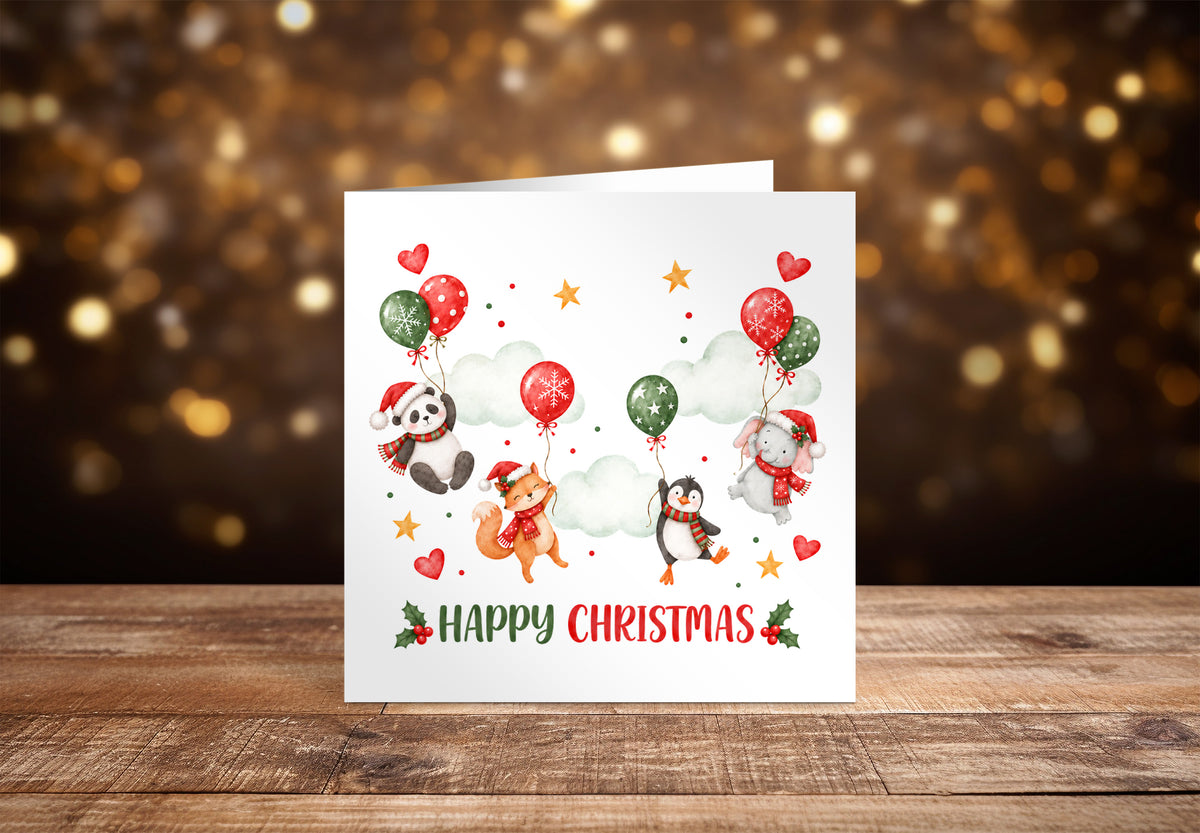 Cute Animal Christmas Card – Panda, Fox, Penguin & Elephant