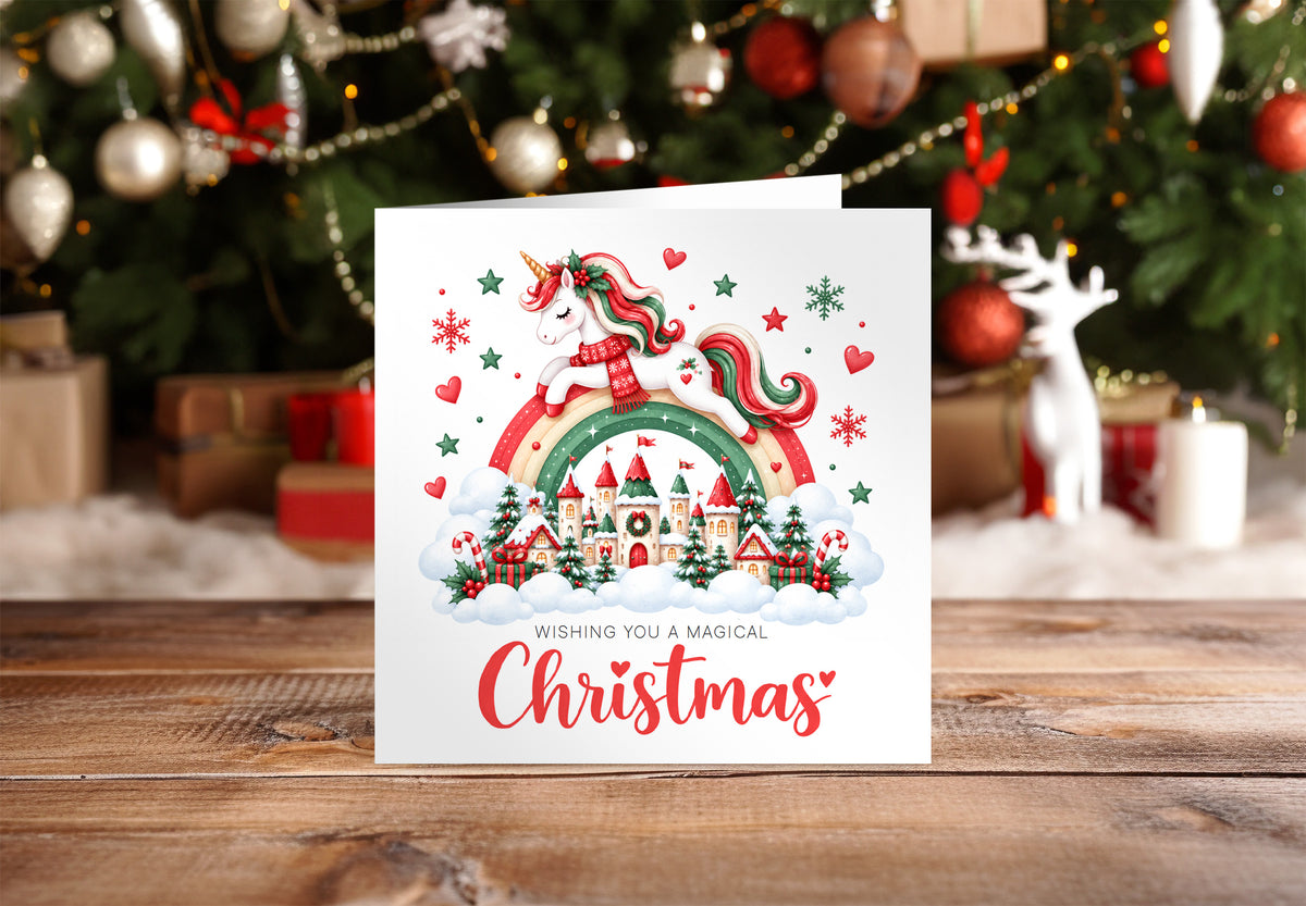 Merry Christmas Card for Girls – Beautiful Magical Unicorn and Xmas Castle