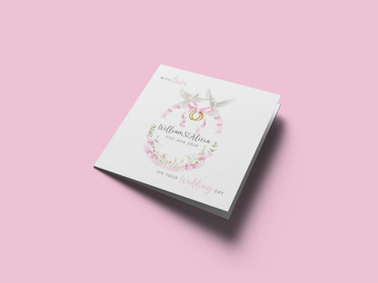 Personalised Wedding Card for Bride & Groom with Custom Names & Date -  Romantic Dove & Rings Design - Wedding Greeting Keepsake Card for Him or Her - Pink Envelope Included