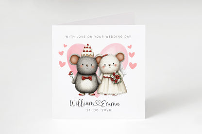 Personalised Wedding Card with Custom Couple's Names & Wedding Date – Cute Mouse Design - Wedding Congratulations Card for Newlywed couples, Animal Lovers, Him or Her - Pink Envelope Included