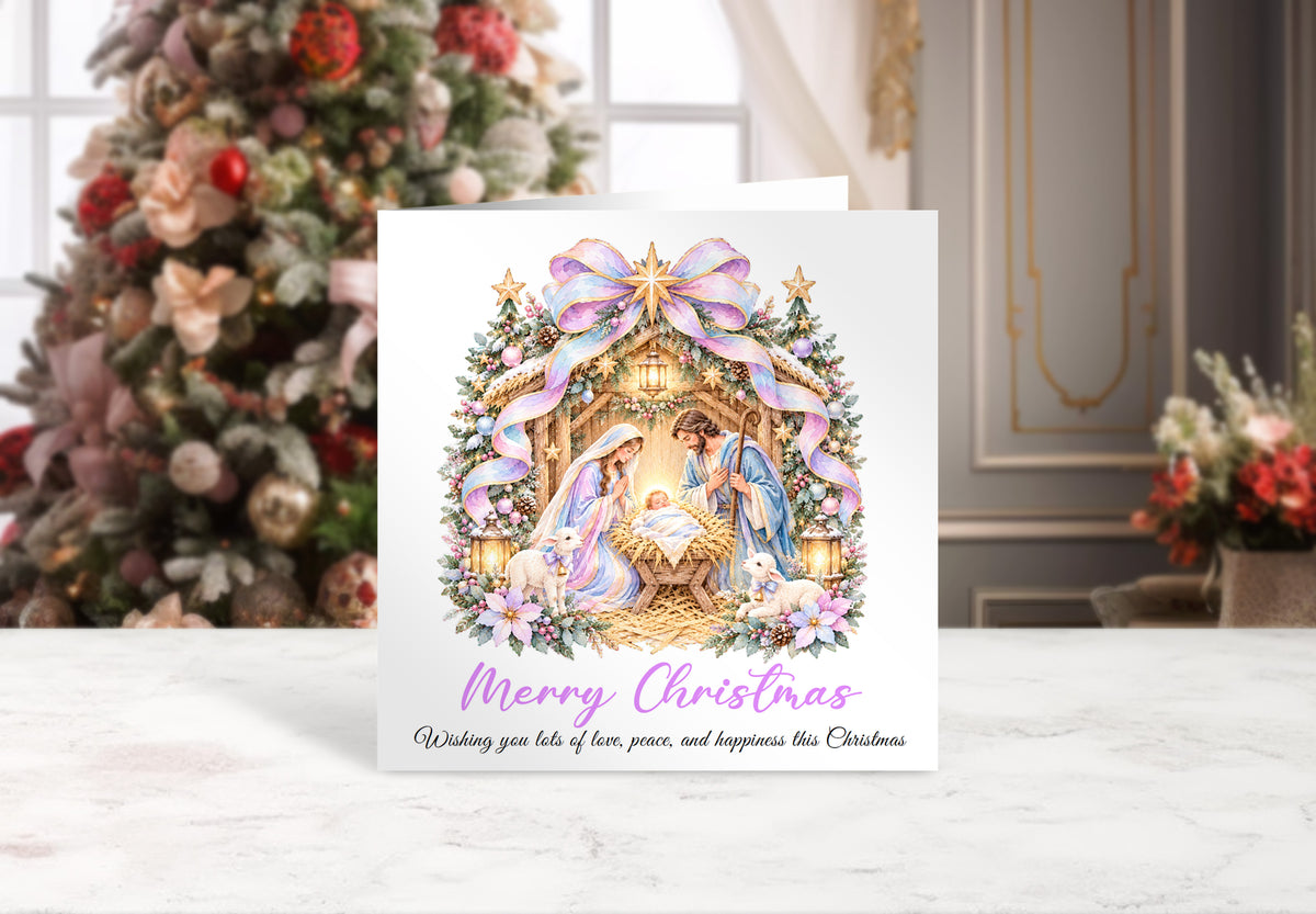 Pastel Nativity Christmas Card – Lilac & Pink Baby Jesus Greeting
