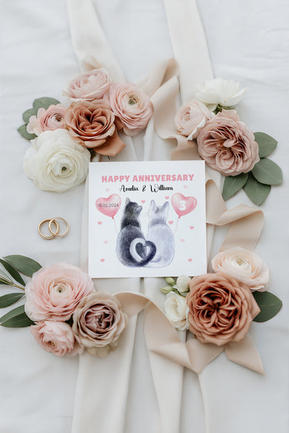 Personalised Cute Cats Anniversary Card - Custom Couple Names, Date and Years of Anniversary for Wedding, 1st, 2nd,10th, 20th - For Cat Lovers, Him, Her, Wife, Husband - Pink Envelope Inclided