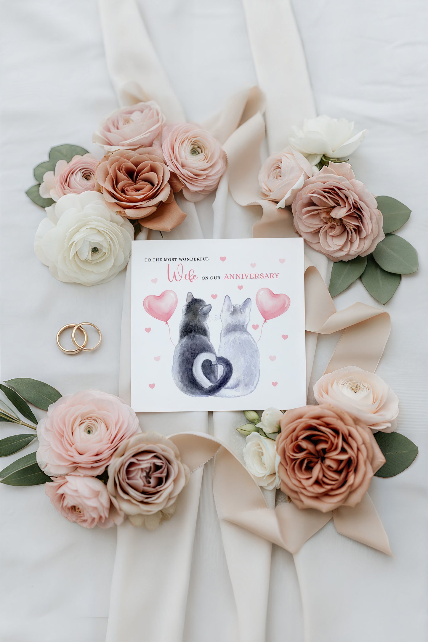 Cute Cat Anniversary Card for Husband or for Wife - Romantic Anniversary Card for Him, Her, Wedding, Dating, Relationship Milestones 1st, 2nd, 3rd, 5th, 10th, 20th 30th - Pink Envelope Included