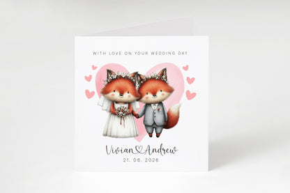 Personalised Wedding Card with Custom Couple's Names & Wedding Date – Cute Fox Design - Wedding Congratulations Card for Newlywed couples, Animal Lovers, Him or Her - Pink Envelope Included