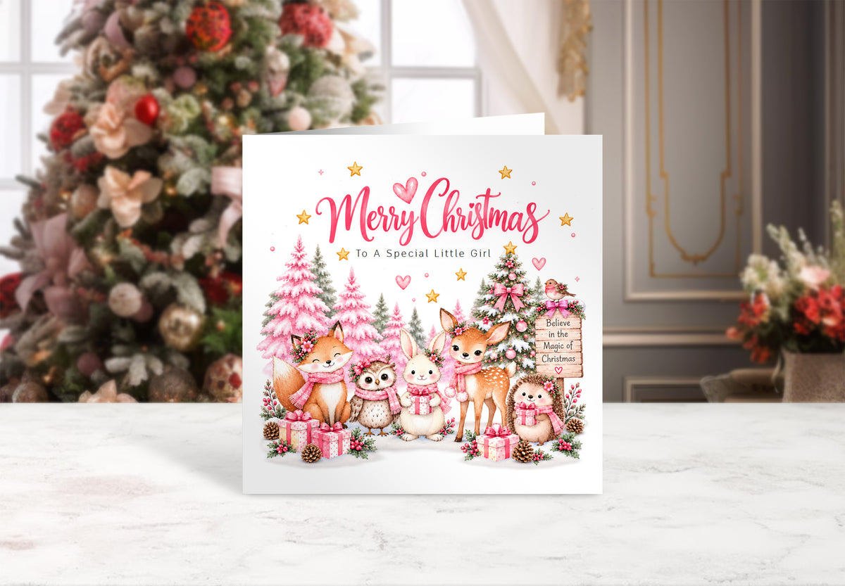 Pink Forest Christmas Card for Girls – Cute Christmas Woodland Animals