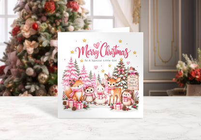 Pink Forest Christmas Card for Girls – Cute Christmas Woodland Animals