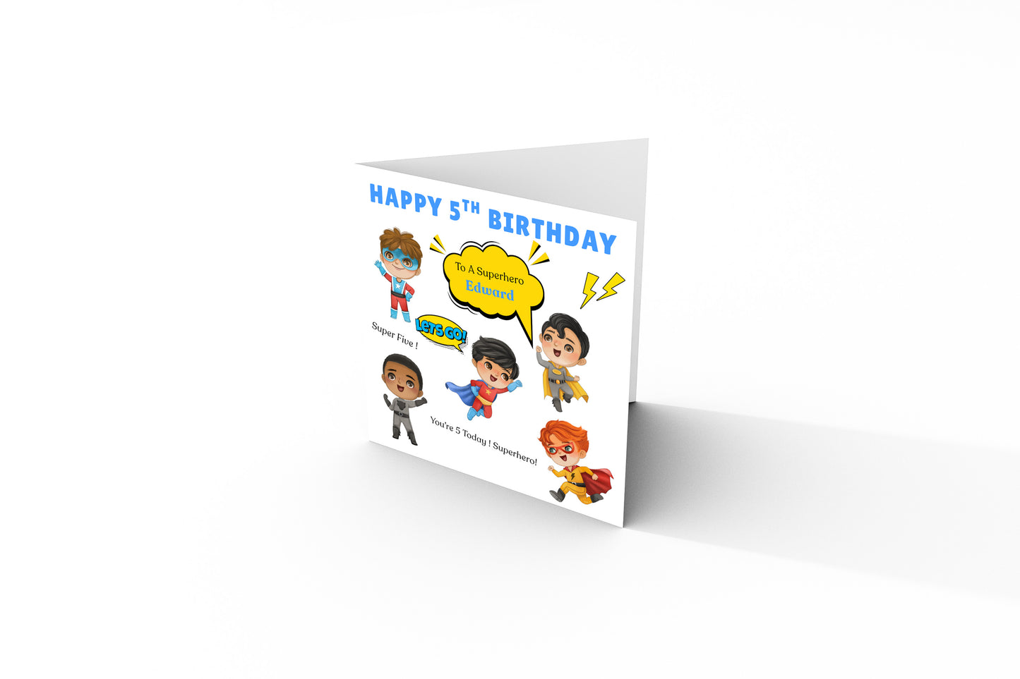 Personalised Superhero 5th Birthday Card for Boys – Superheros Design with Custom Name for Age 5 Years Old, Fifth Birthday Kids, Little Birthday Hero, Son, Grandson, Nephew –  Blue Envelope Included