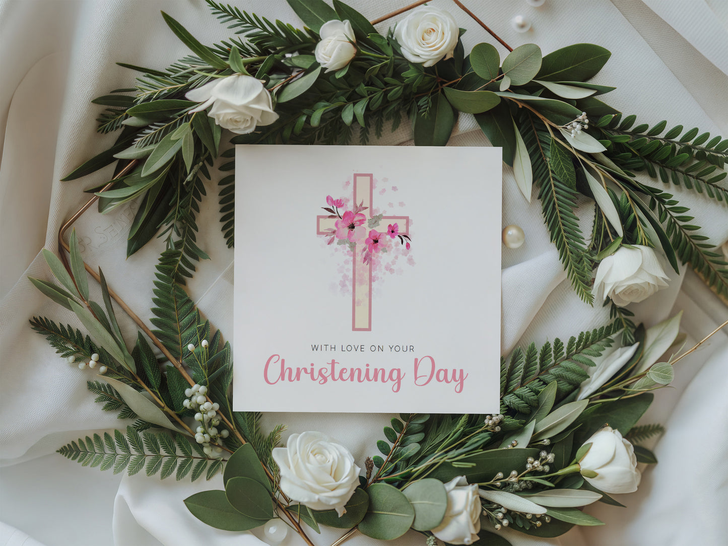 Floral Cross Christening Card for Girl – With Love On Your Christening Day – Religious Baptism Card for Girls, Daughter, Granddaughter, Niece - Pink Envelope Included