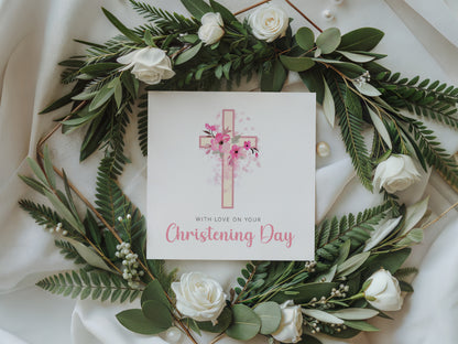 Floral Cross Christening Card for Girl – With Love On Your Christening Day – Religious Baptism Card for Girls, Daughter, Granddaughter, Niece - Pink Envelope Included