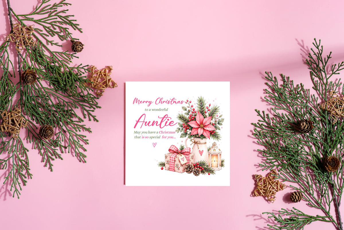 Christmas Card for Auntie – Pink Poinsettia & Festive Floral Design