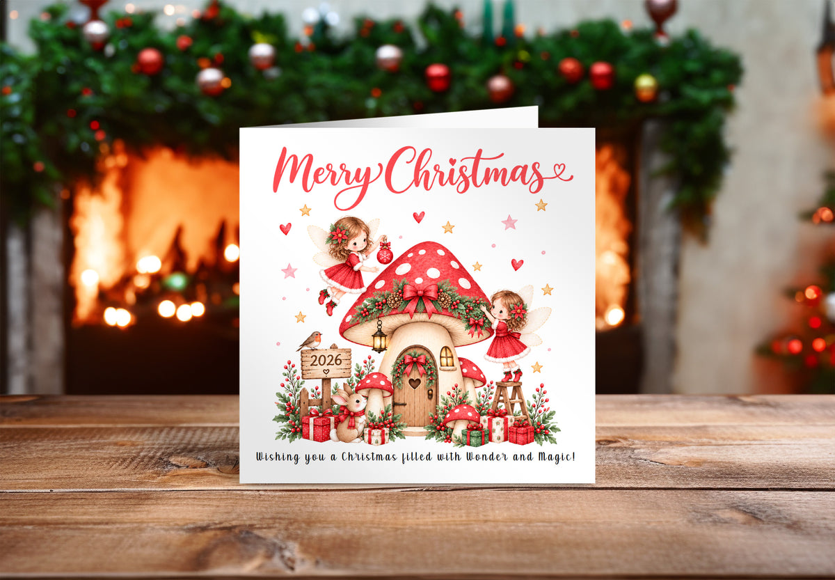 Cute Red Magical Fairy Christmas Card for Girls