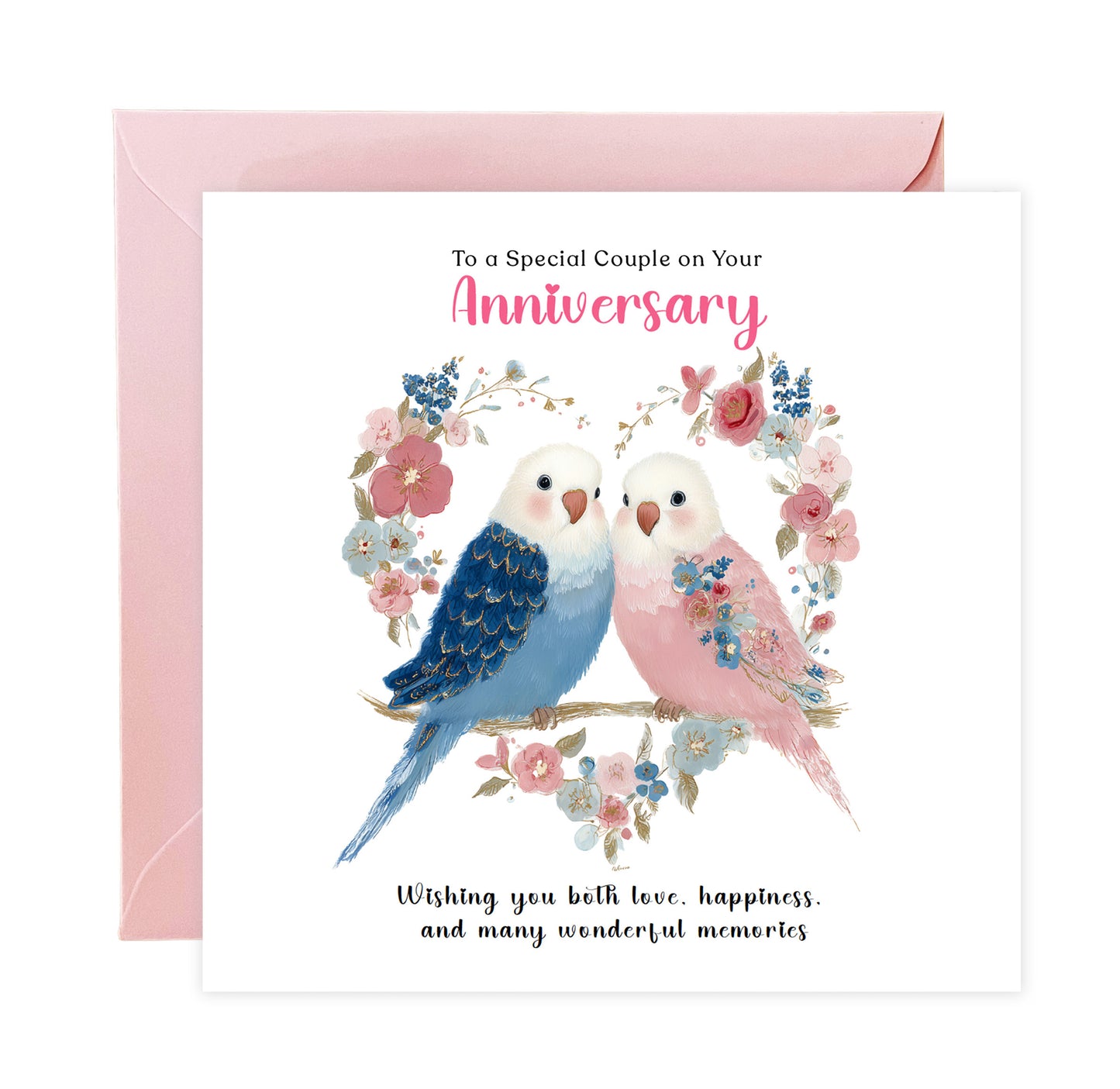 Cute Budgie Love Birds Anniversary Card for Wedding, Dating, Relationship Milestones –1st, 2nd, 3rd, 5th, 10th, 20th - For Him, Her, Wife, Husband, Couples
