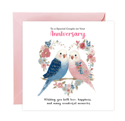 Cute Budgie Love Birds Anniversary Card for Wedding, Dating, Relationship Milestones –1st, 2nd, 3rd, 5th, 10th, 20th - For Him, Her, Wife, Husband, Couples