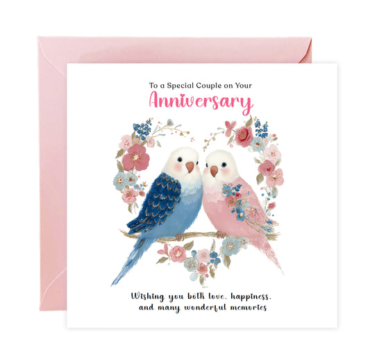 Cute Budgie Love Birds Anniversary Card for Wedding, Dating, Relationship Milestones –1st, 2nd, 3rd, 5th, 10th, 20th - For Him, Her, Wife, Husband, Couples