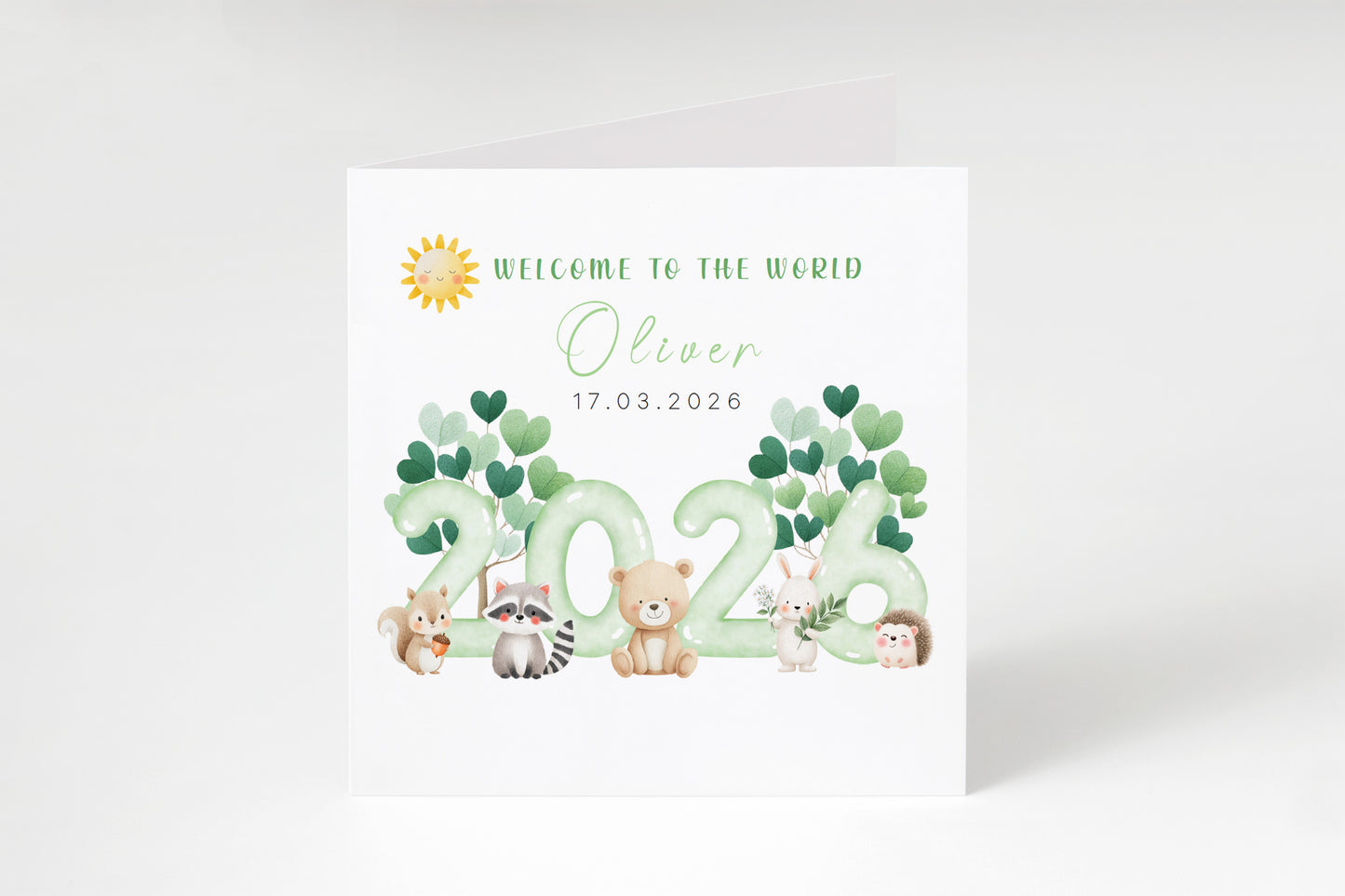 2026 Personalised New Baby Boy Card Congratulations for Newborn Son, Grandson, Nephew - Welcome To The World Card - Cute Woodland Animal Design with Custom Name and Date with Kraft Envelope