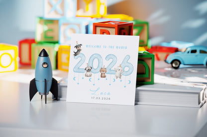 Personalised New Baby Boy Card Congratulations for Newborn Boy, Welcome To The World Card, Baby Shower for Son, Grandson, Nephew - Cute Puppy Dogs Design with Custom Name and Date with Blue Envelope