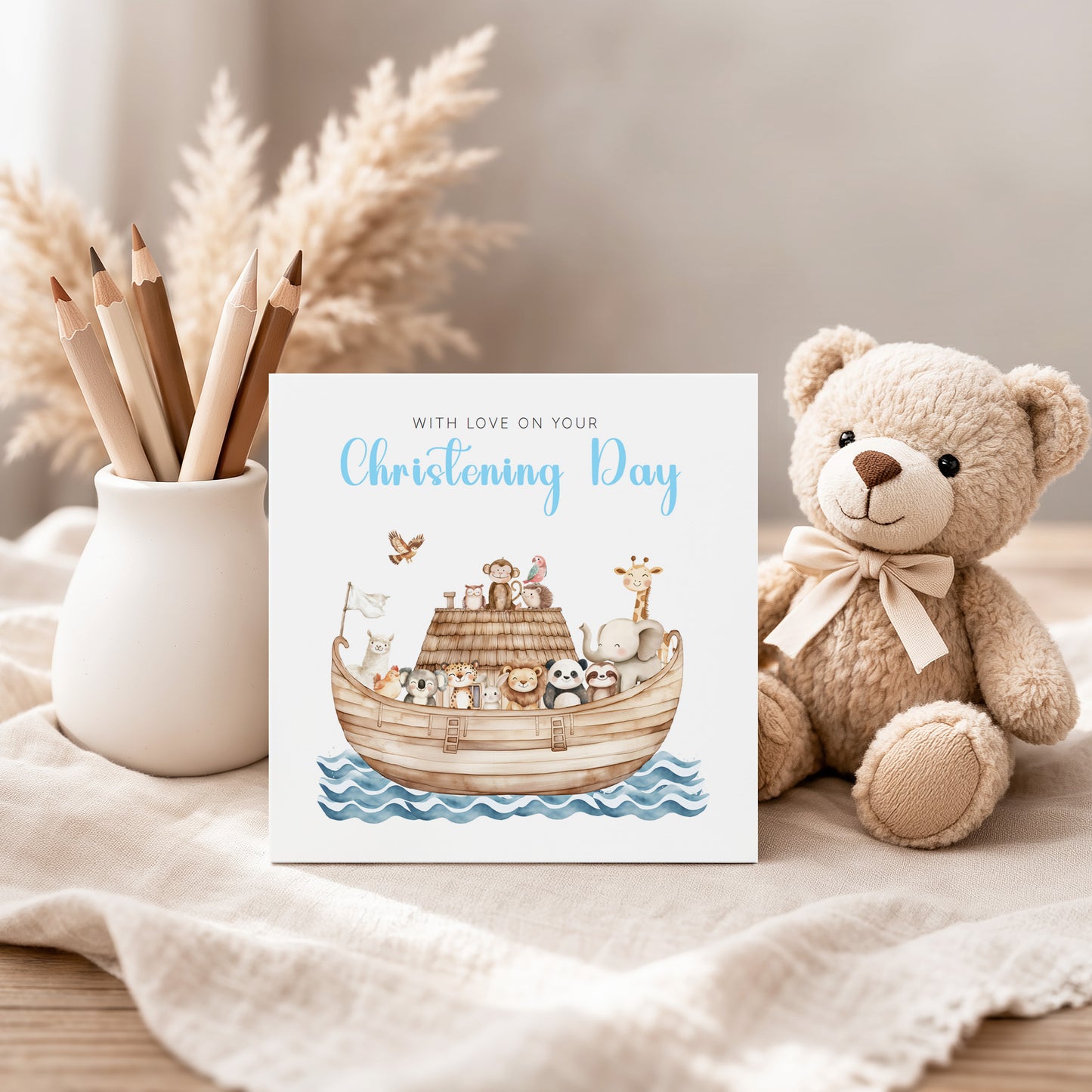 Christening Day Card for Boy – Noah's Ark and Cute Animals Design – With Love on Your Christening Day Religious Baptism Christening Card for Boys, Son, Grandson, Nephew with Blue Envelope