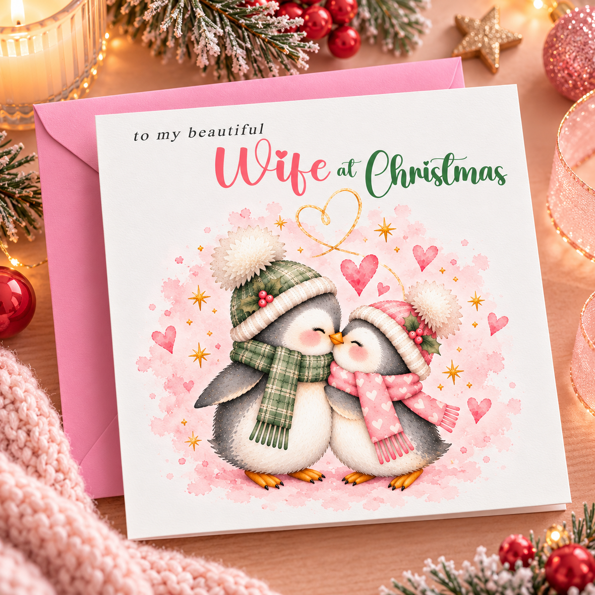 Merry Christmas Card for Wife  – Cute Penguin Couple Christmas Card