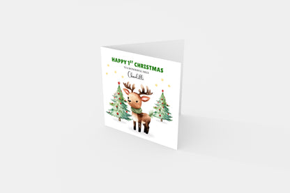 Personalised 1st Christmas Card for Baby Girl – Cute Reindeer Design with Custom Age, Name & Message – 1st, 2nd, 3rd, 4th, 5th, 6th Xmas Card for Daughter, Granddaughter, Niece