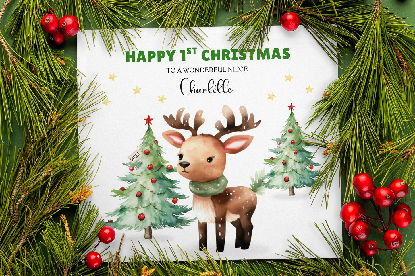 Personalised 1st Christmas Card for Baby Girl – Cute Reindeer Design with Custom Age, Name & Message – 1st, 2nd, 3rd, 4th, 5th, 6th Xmas Card for Daughter, Granddaughter, Niece