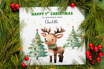 Personalised 1st Christmas Card for Baby Girl – Cute Reindeer Design with Custom Age, Name & Message – 1st, 2nd, 3rd, 4th, 5th, 6th Xmas Card for Daughter, Granddaughter, Niece