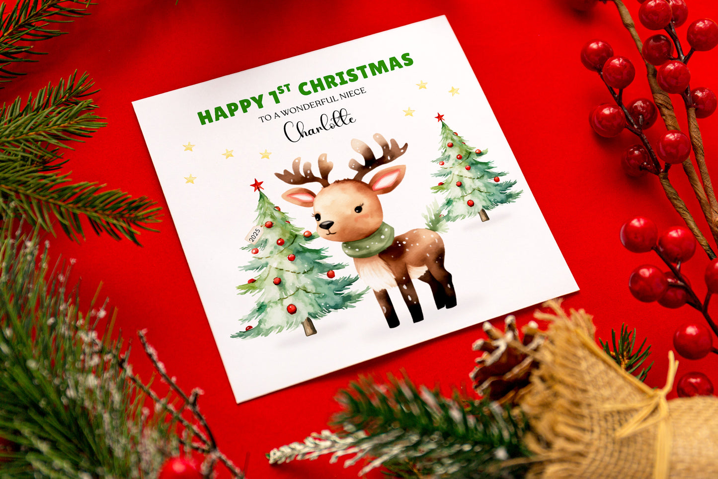 Personalised 1st Christmas Card for Baby Girl – Cute Reindeer Design with Custom Age, Name & Message – 1st, 2nd, 3rd, 4th, 5th, 6th Xmas Card for Daughter, Granddaughter, Niece