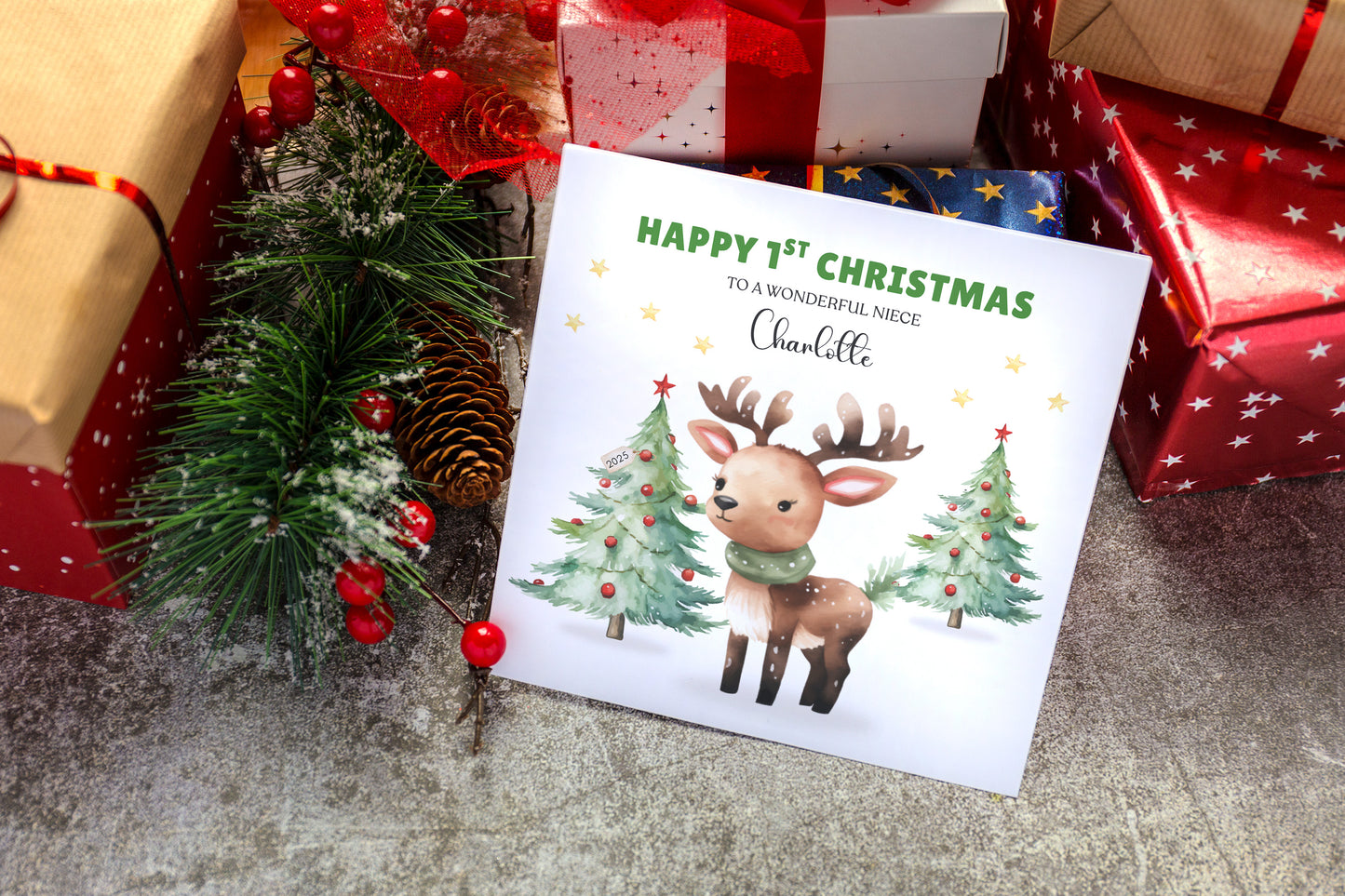 Personalised 1st Christmas Card for Baby Girl – Cute Reindeer Design with Custom Age, Name & Message – 1st, 2nd, 3rd, 4th, 5th, 6th Xmas Card for Daughter, Granddaughter, Niece