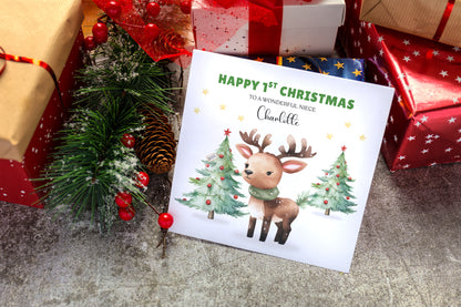 Personalised 1st Christmas Card for Baby Girl – Cute Reindeer Design with Custom Age, Name & Message – 1st, 2nd, 3rd, 4th, 5th, 6th Xmas Card for Daughter, Granddaughter, Niece