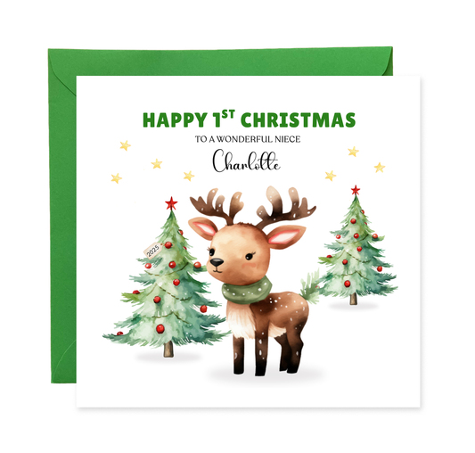 Personalised 1st Christmas Card for Baby Girl – Cute Reindeer Design with Custom Age, Name & Message – 1st, 2nd, 3rd, 4th, 5th, 6th Xmas Card for Daughter, Granddaughter, Niece