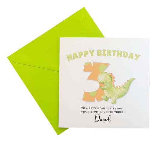 Dinosaur -Personalised Watercolour Effect 3 Year Birthday Folded Card for Boys, Custom Name and Message Three-Year-Old Happy 3rd Birthday Card, Customisable Birthday Card for Children