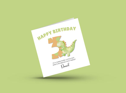Dinosaur -Personalised Watercolour Effect 3 Year Birthday Folded Card for Boys, Custom Name and Message Three-Year-Old Happy 3rd Birthday Card, Customisable Birthday Card for Children