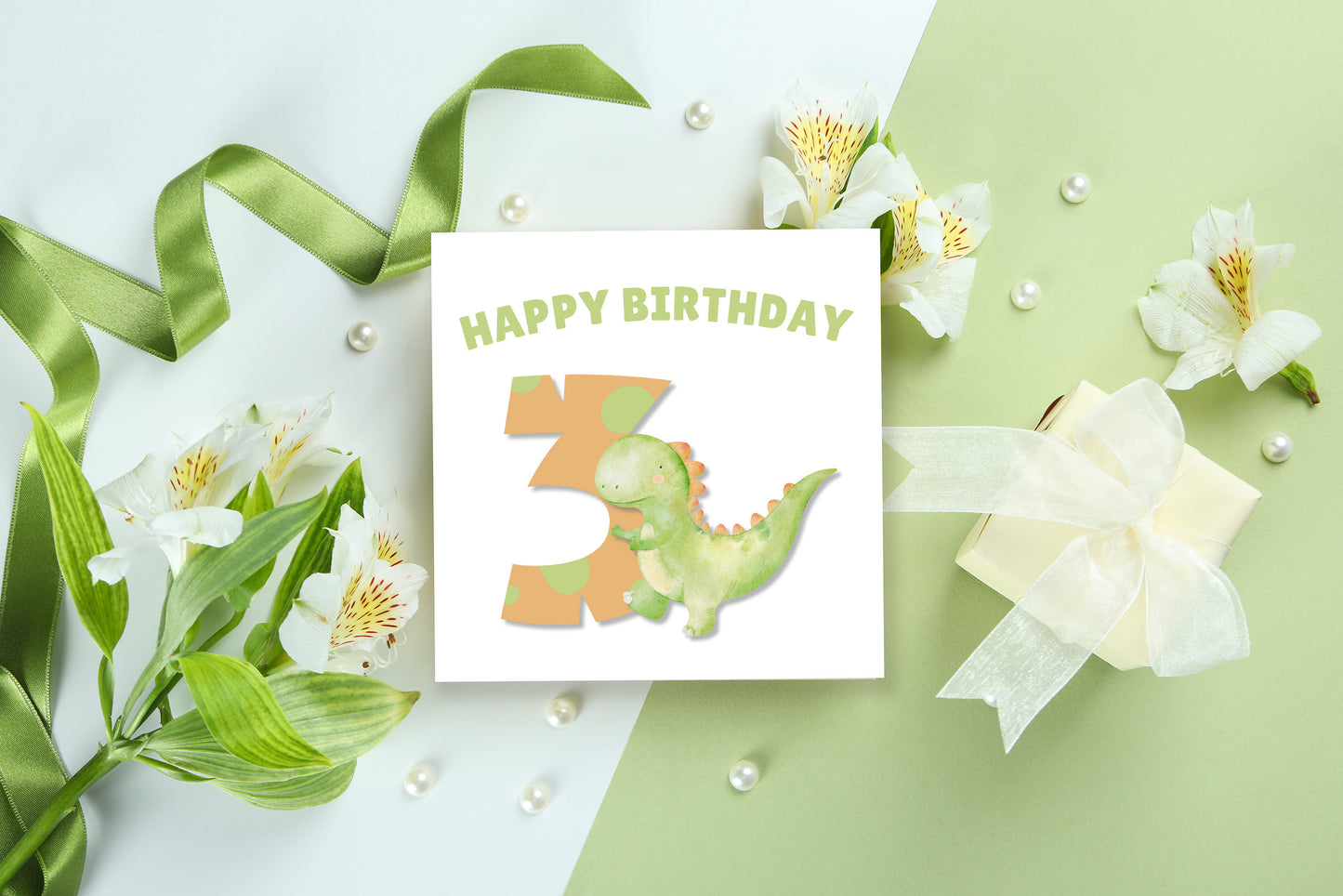 Dinosaur with Big Number 3- 3rd Birthday Card for Toddler - 3 Years Old Birthday Card for Baby Boy, Son, Grandson, Nephew, Children's Birthday Card – Green Envelope Included