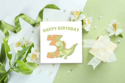 Dinosaur with Big Number 3- 3rd Birthday Card for Toddler - 3 Years Old Birthday Card for Baby Boy, Son, Grandson, Nephew, Children's Birthday Card – Green Envelope Included