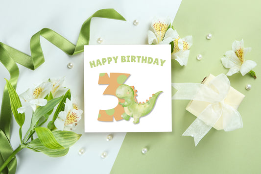Dinosaur with Big Number 3- 3rd Birthday Card for Toddler - 3 Years Old Birthday Card for Baby Boy, Son, Grandson, Nephew, Children's Birthday Card – Green Envelope Included