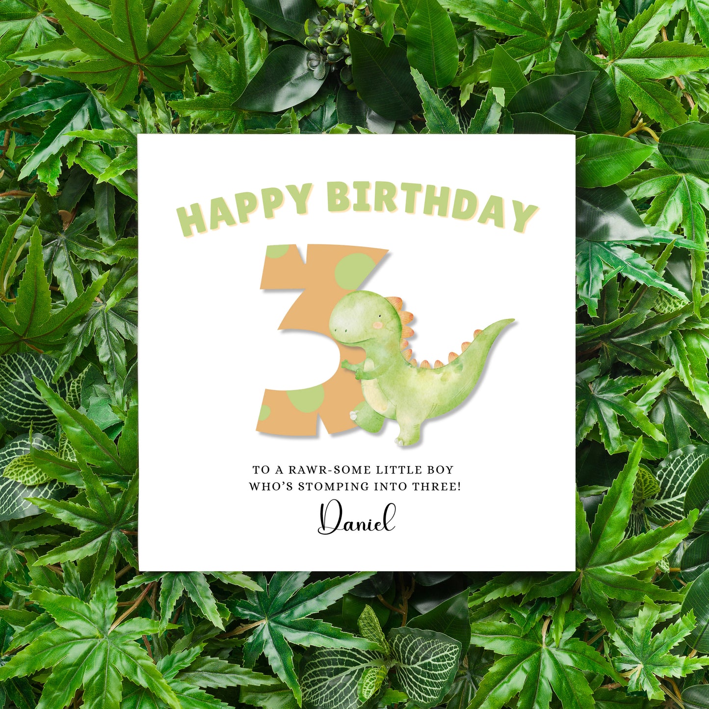 Dinosaur -Personalised Watercolour Effect 3 Year Birthday Folded Card for Boys, Custom Name and Message Three-Year-Old Happy 3rd Birthday Card, Customisable Birthday Card for Children
