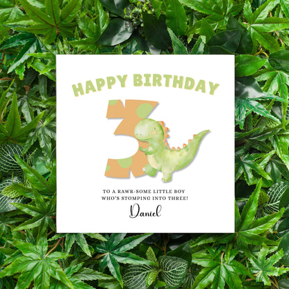Dinosaur -Personalised Watercolour Effect 3 Year Birthday Folded Card for Boys, Custom Name and Message Three-Year-Old Happy 3rd Birthday Card, Customisable Birthday Card for Children