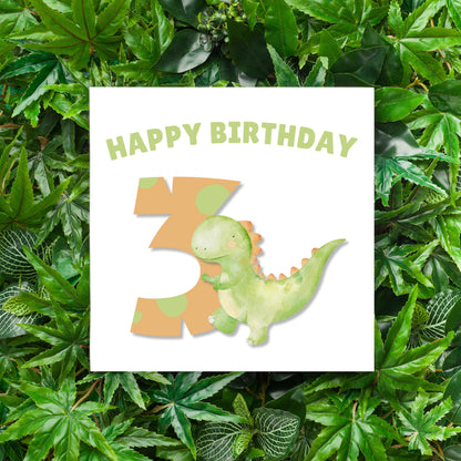 Dinosaur with Big Number 3- 3rd Birthday Card for Toddler - 3 Years Old Birthday Card for Baby Boy, Son, Grandson, Nephew, Children's Birthday Card – Green Envelope Included